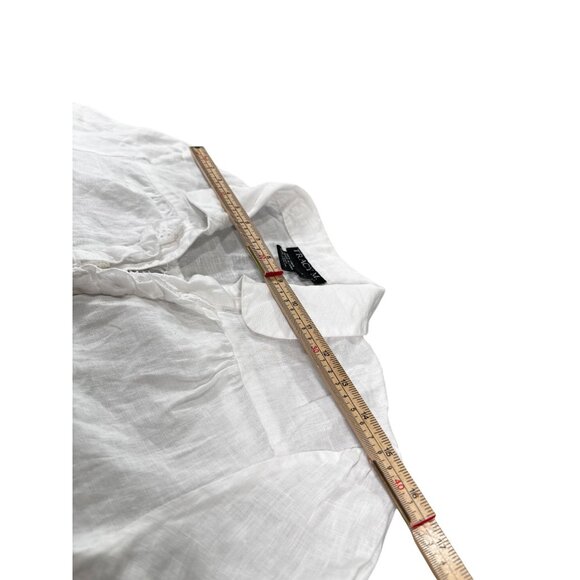 Tracy M. White Linen 3/4 Sleeve Blouse With Ruffle Front & Tie Back - Picture 8 of 10